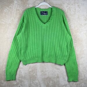 Lou & Grey 0/40 Oversized Crop Chunky Cable Knit V-Neck Sweater Lime Green Large
